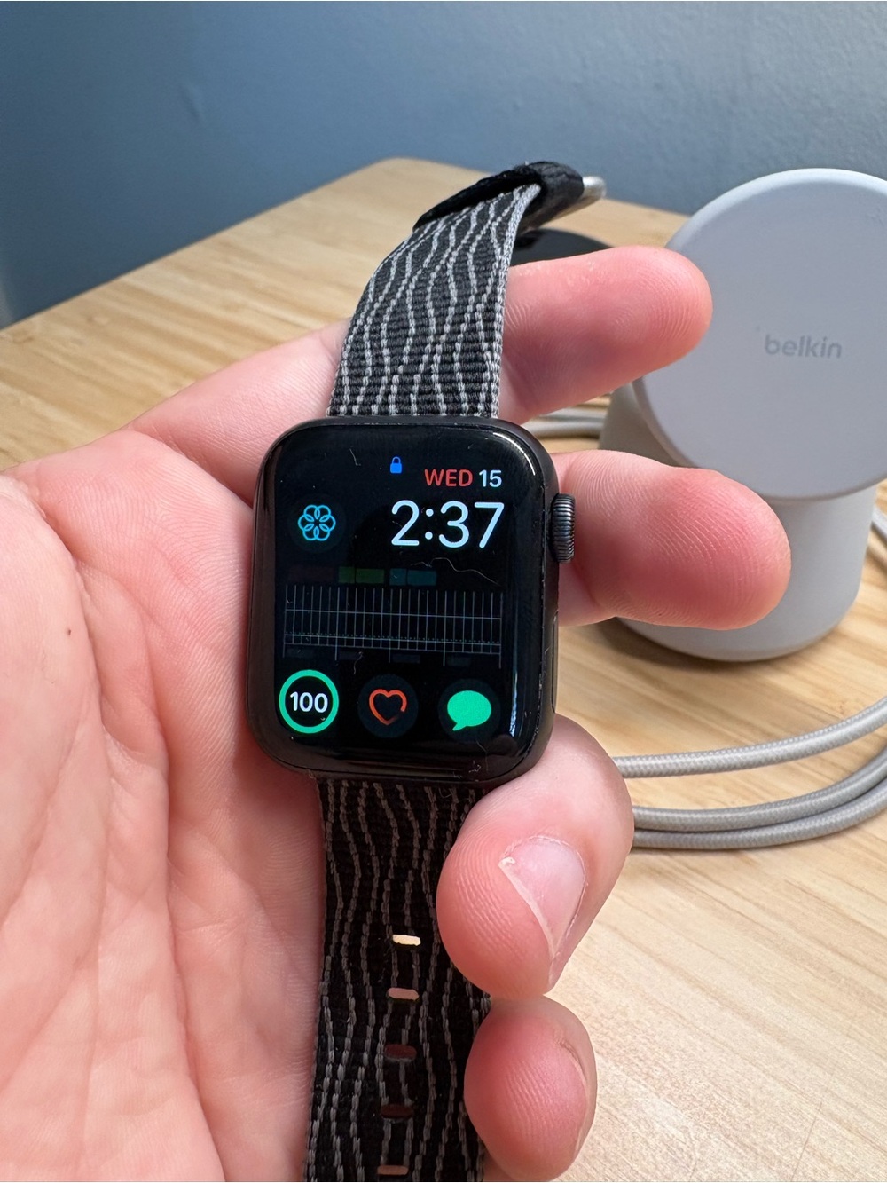 Apple Watch - Black Case with Gray Patterned Woven Band